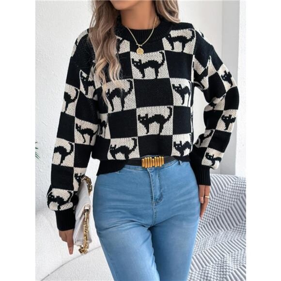 Cozy Cat Checkerboard Pattern Sweater - Picture 3 of 5